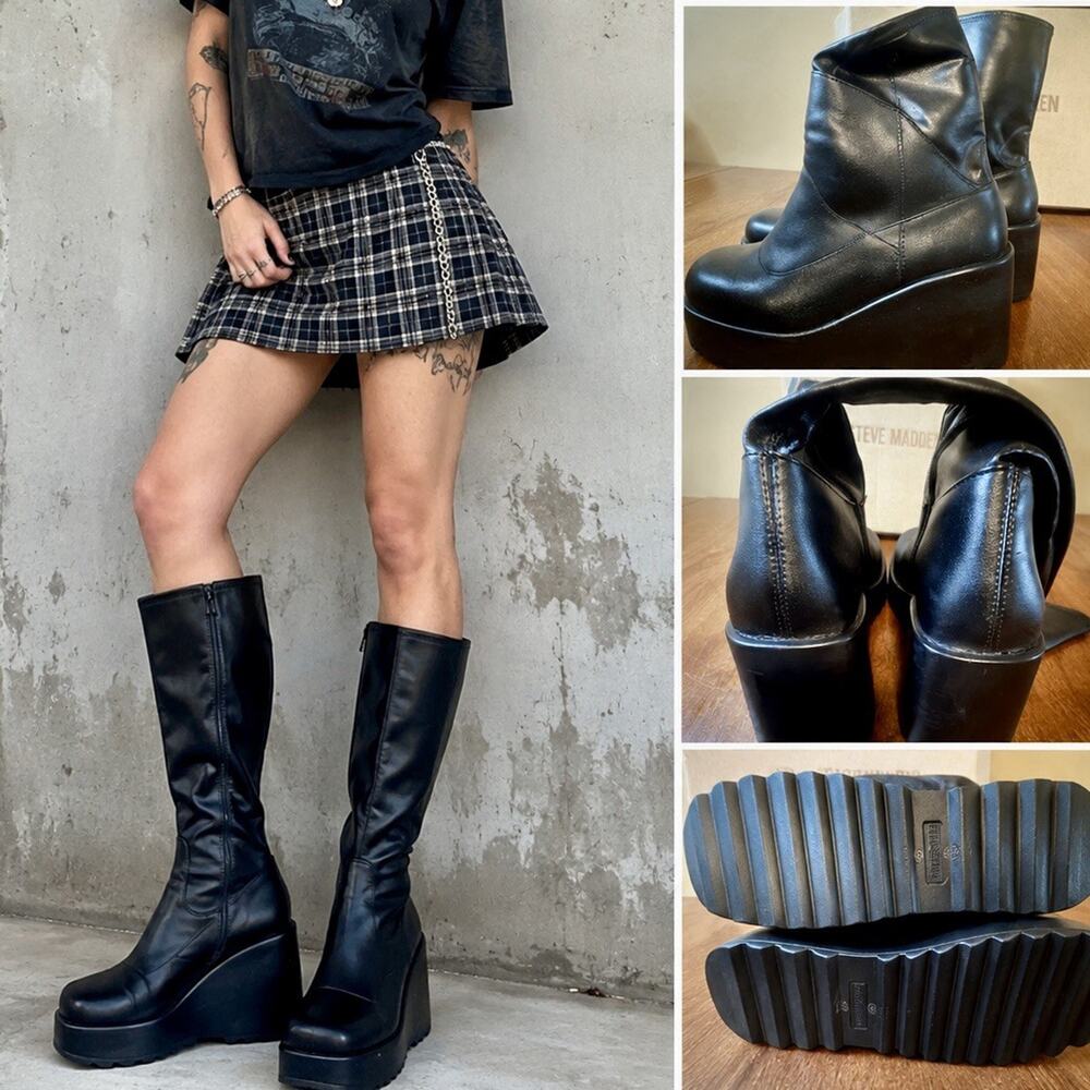 Steve Madden Duke30 Black Platform Wedge Knee High Boots Women’s 10 Medium